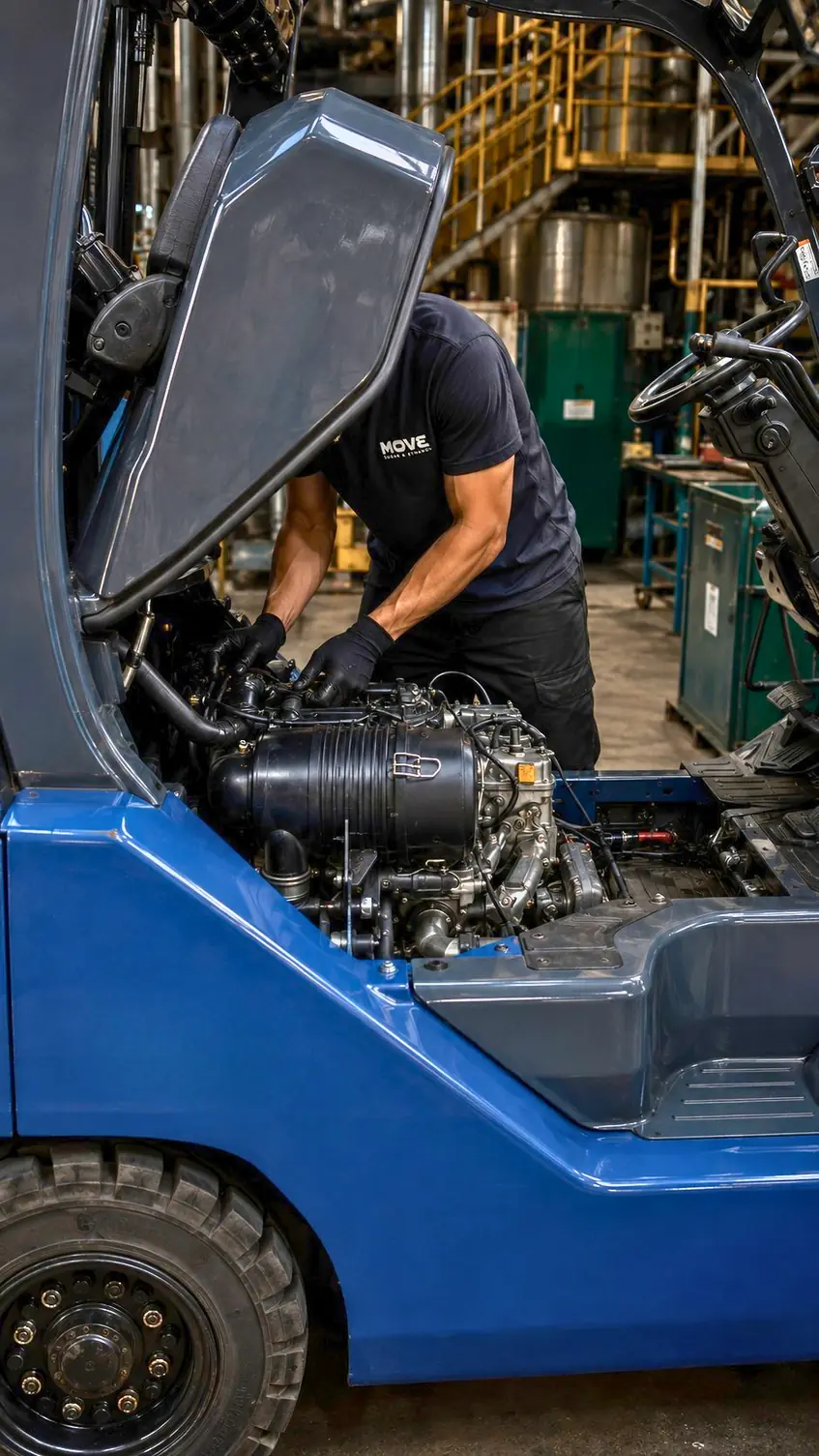 Técnico da Move Empilhadeiras trabalhando no motor de uma empilhadeira com o capô aberto